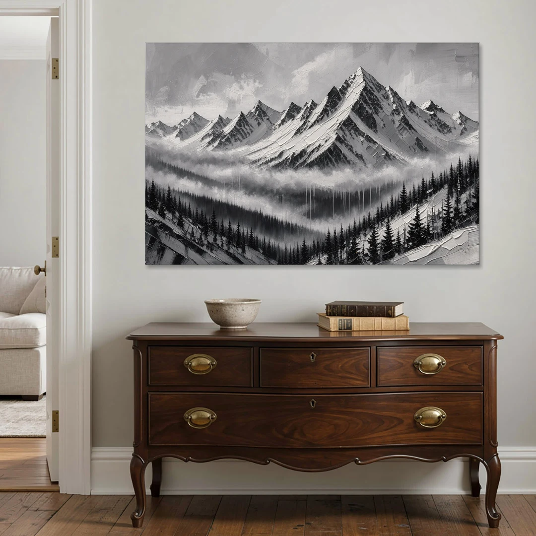 Snowy Mountain Peaks Above the Misty Firs - Canvas Wall Art - Coffee Table - 60x40