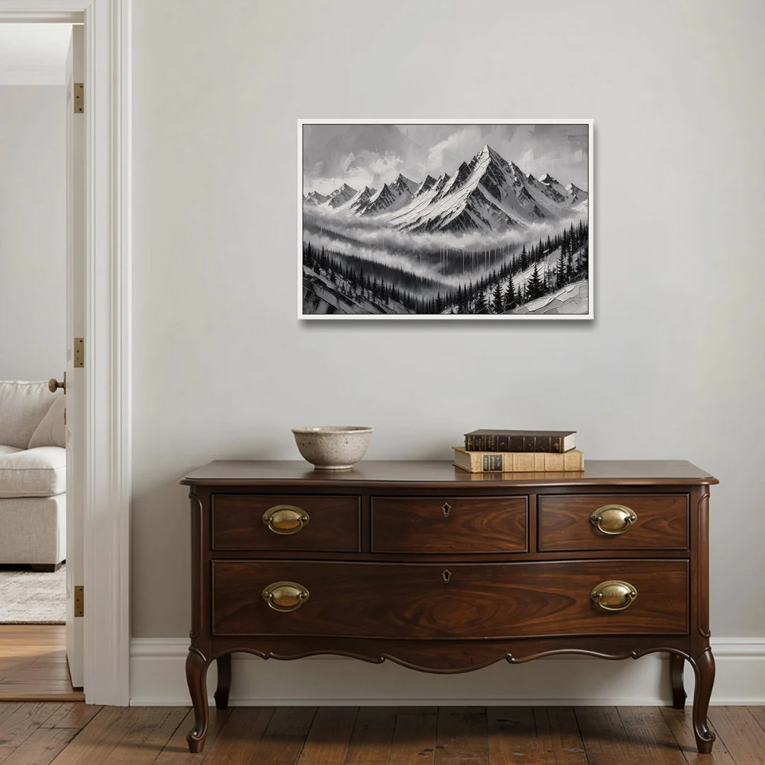 Snowy Mountain Peaks Above the Misty Firs - White Framed Canvas Wall Art - Coffee Table - 36x24