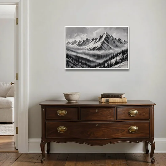 Snowy Mountain Peaks Above the Misty Firs - White Framed Canvas Wall Art - Coffee Table - 36x24