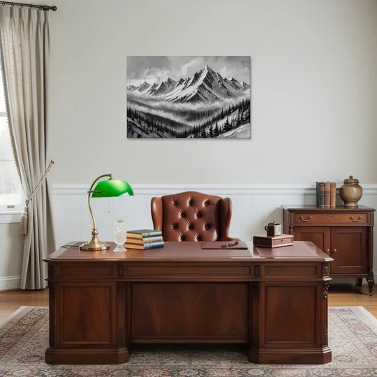 Snowy Mountain Peaks Above the Misty Firs - Canvas Wall Art - Office - 36x24