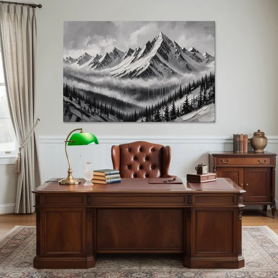 Snowy Mountain Peaks Above the Misty Firs - Canvas Wall Art - Office - 60x40