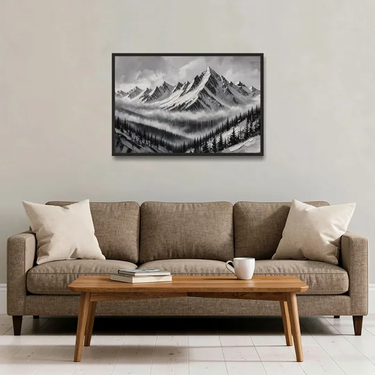 Snowy Mountain Peaks Above the Misty Firs - Black Framed Canvas Wall Art - Sofa - 36x24