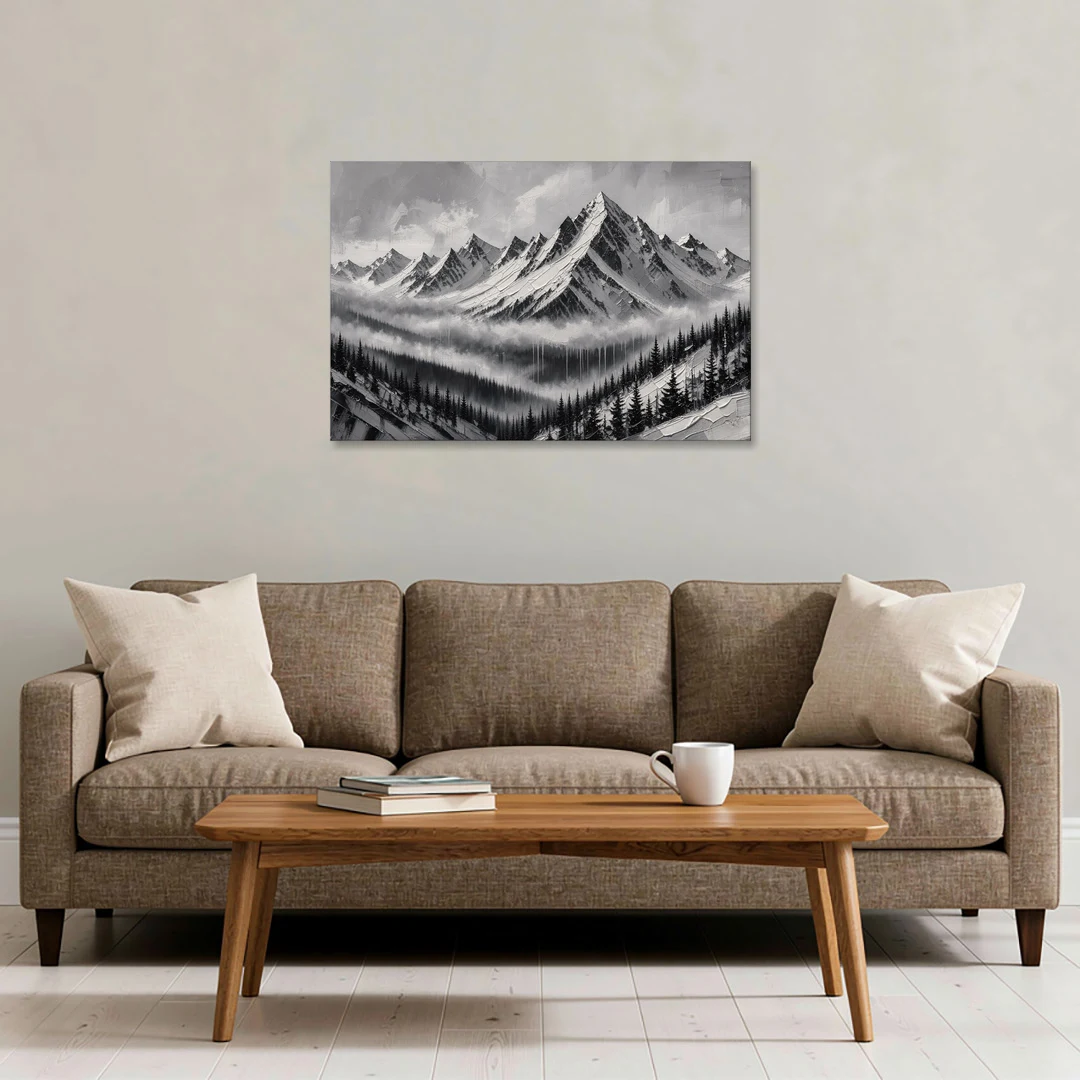 Snowy Mountain Peaks Above the Misty Firs - Canvas Wall Art - Sofa - 36x24