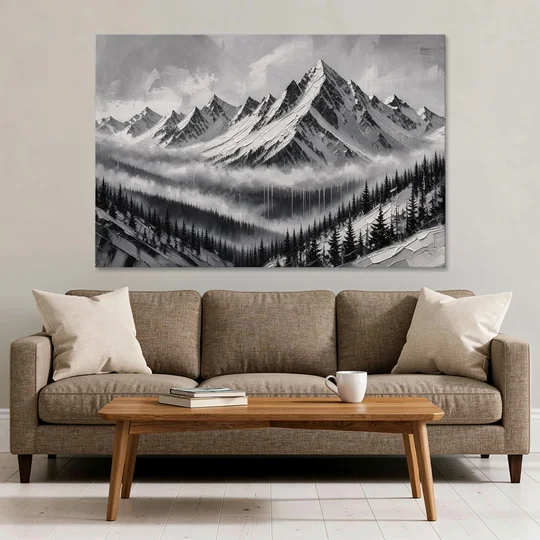 Snowy Mountain Peaks Above the Misty Firs - Canvas Wall Art - Sofa - 60x40