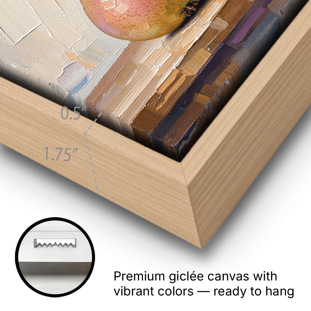Pear Painting Trio with a Single Leaf - Oak Framed Canvas Wall Art - Gallery Wrap Corner