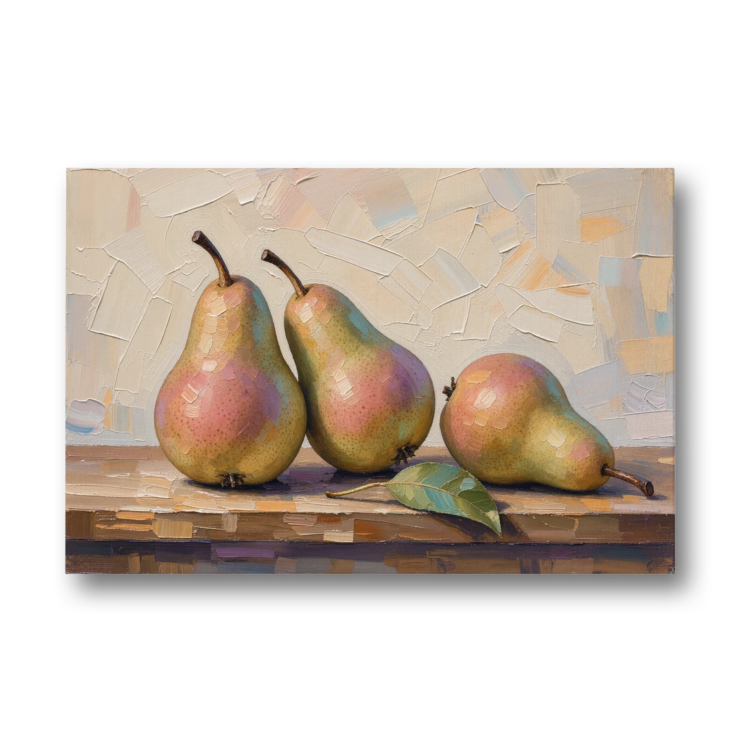 Pear Painting Trio with a Single Leaf - Canvas Wall Art - Front