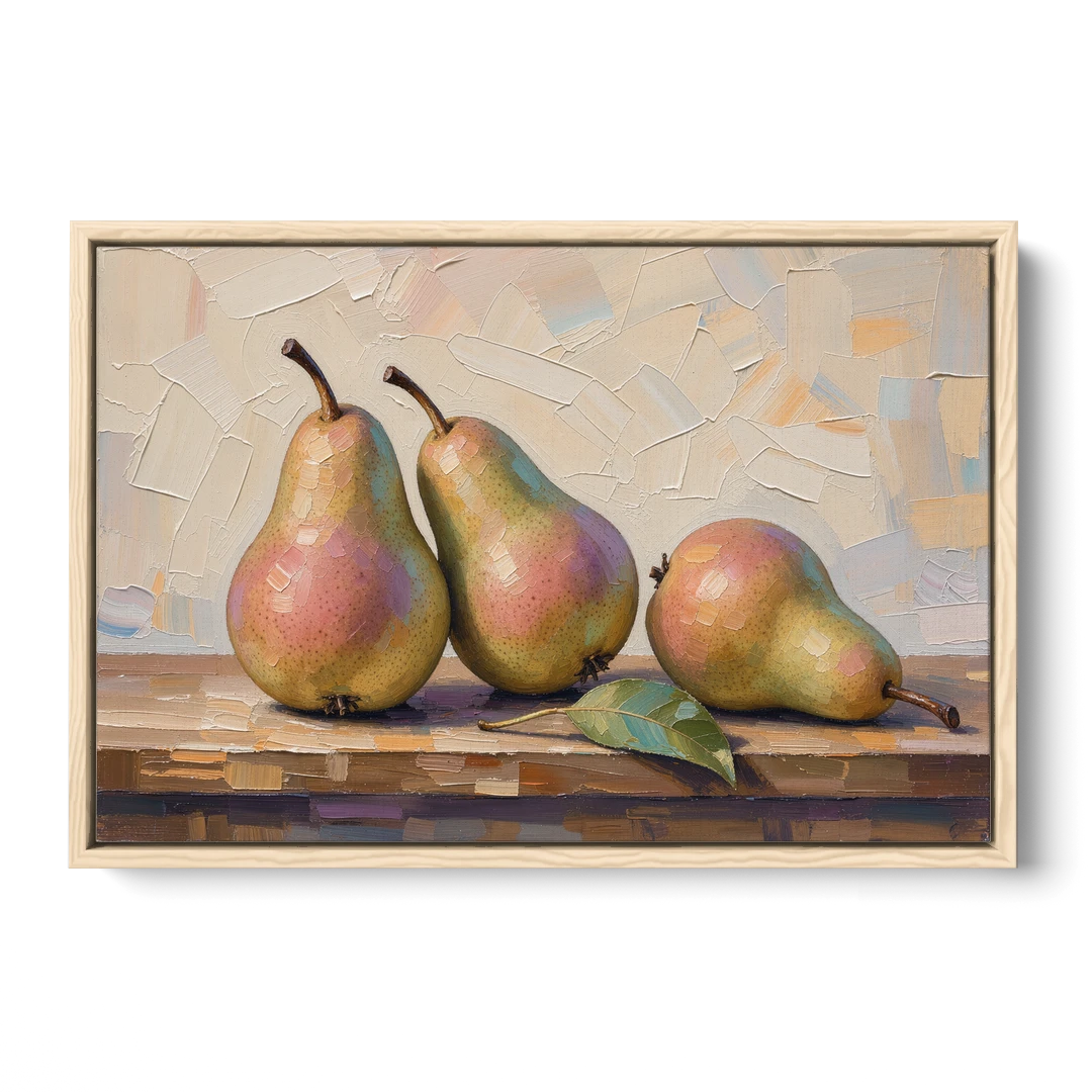 Pear Painting Trio with a Single Leaf - Oak Framed Canvas Wall Art - Front
