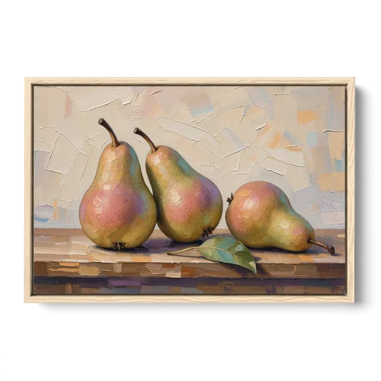 Pear Painting Trio with a Single Leaf - Oak Framed Canvas Wall Art - Front