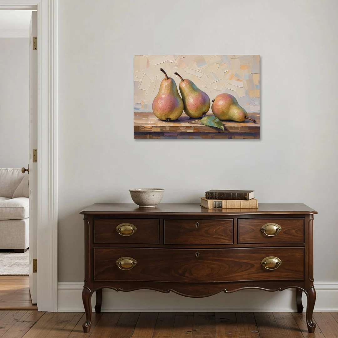 Pear Painting Trio with a Single Leaf - Canvas Wall Art - Coffee Table - 36x24