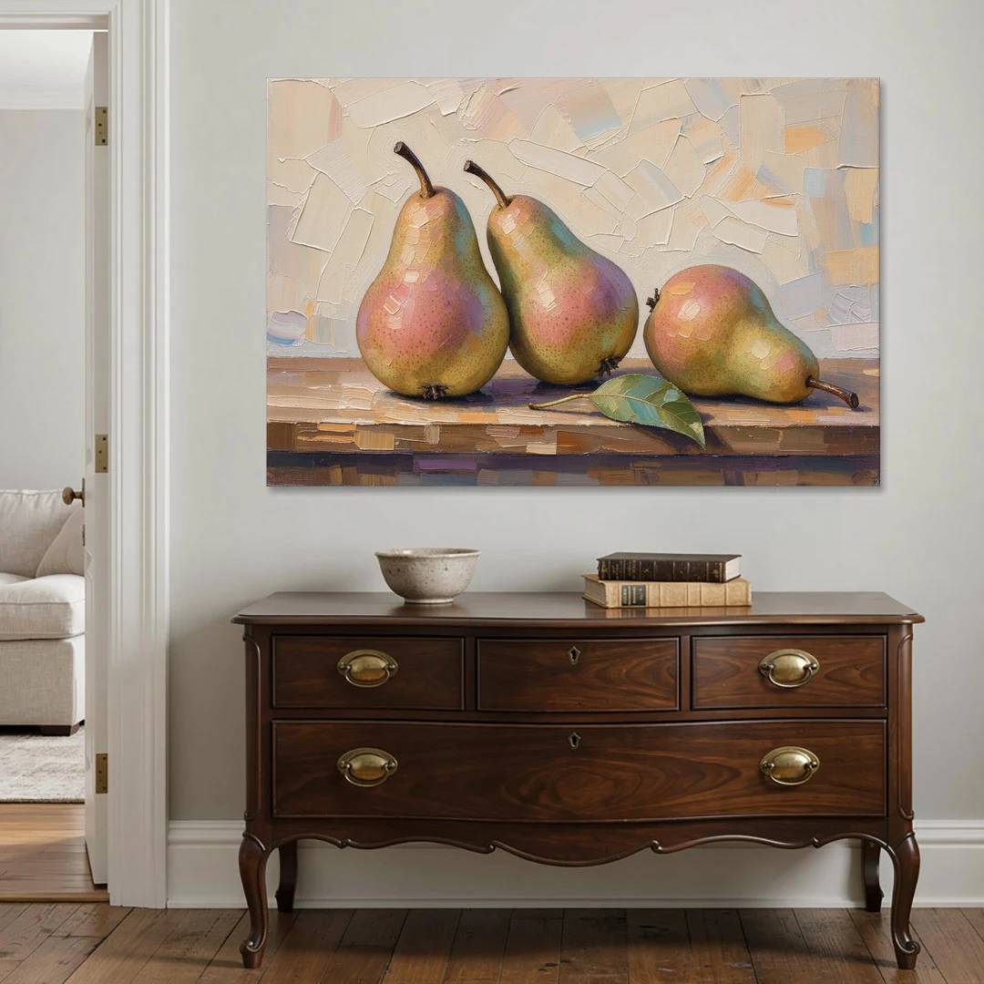 Pear Painting Trio with a Single Leaf - Canvas Wall Art - Coffee Table - 60x40
