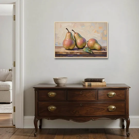 Pear Painting Trio with a Single Leaf - Oak Framed Canvas Wall Art - Coffee Table - 36x24