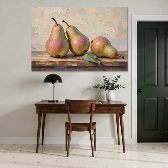 Pear Painting Trio with a Single Leaf - Canvas Wall Art - Office - 60x40