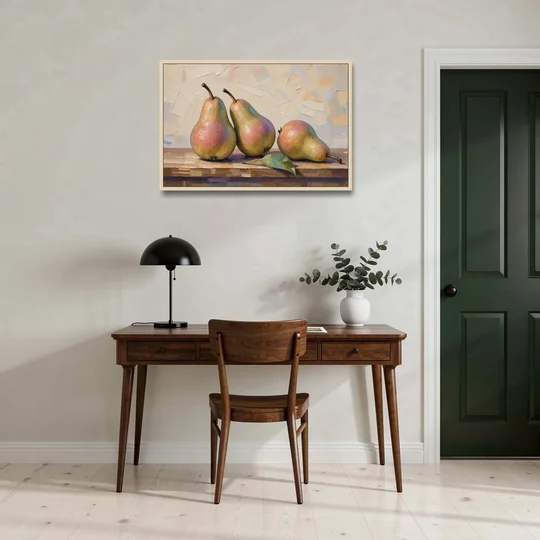 Pear Painting Trio with a Single Leaf - Oak Framed Canvas Wall Art - Office - 36x24