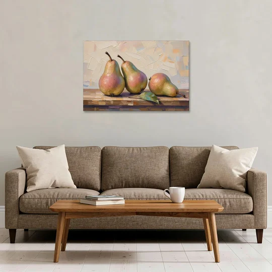 Pear Painting Trio with a Single Leaf - Canvas Wall Art - Sofa - 36x24