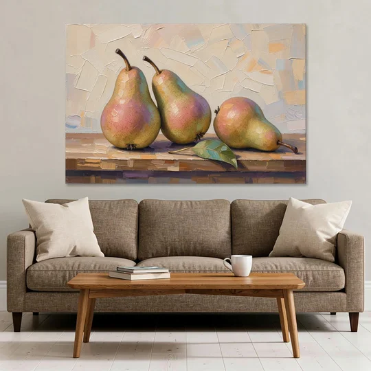 Pear Painting Trio with a Single Leaf - Canvas Wall Art - Sofa - 60x40