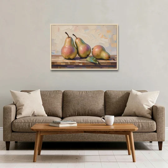 Pear Painting Trio with a Single Leaf - Oak Framed Canvas Wall Art - Sofa - 36x24