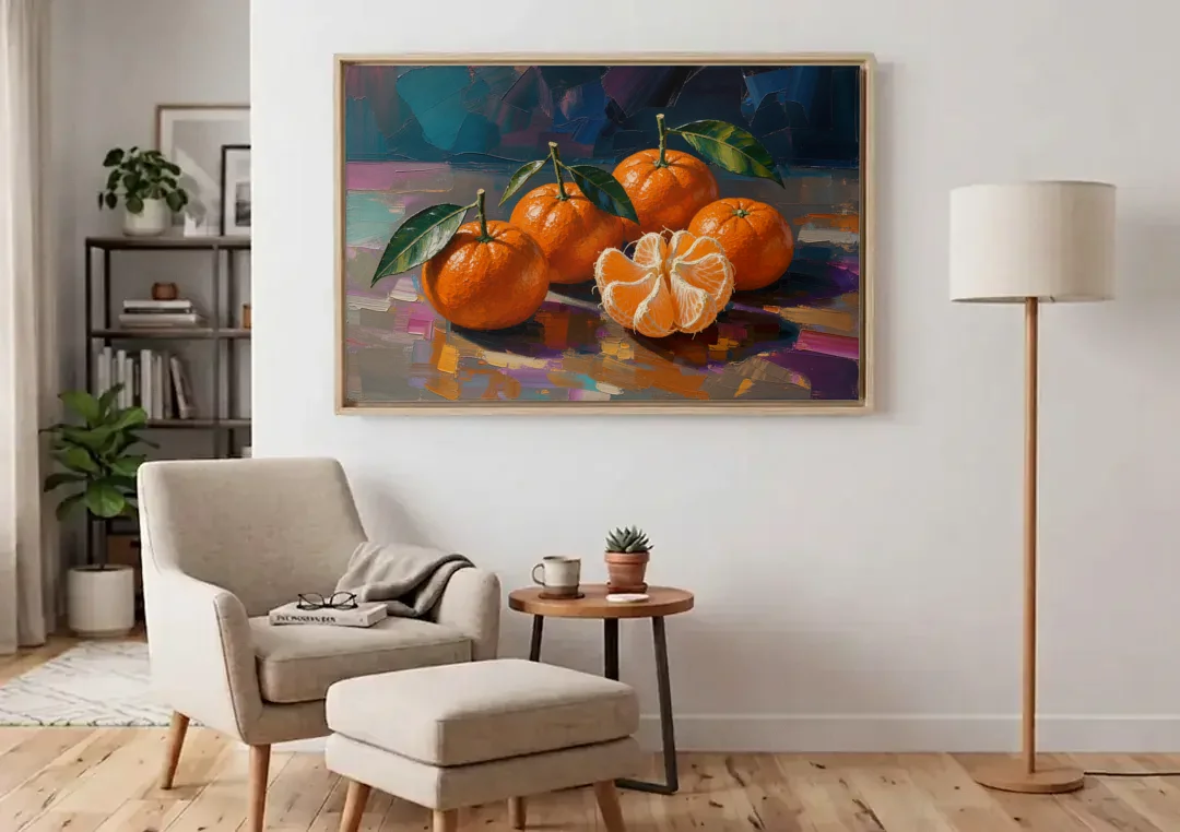 Peeled Clementine Cluster for the Contemporary Kitchen canvas wall art above an armchair in a bright living room