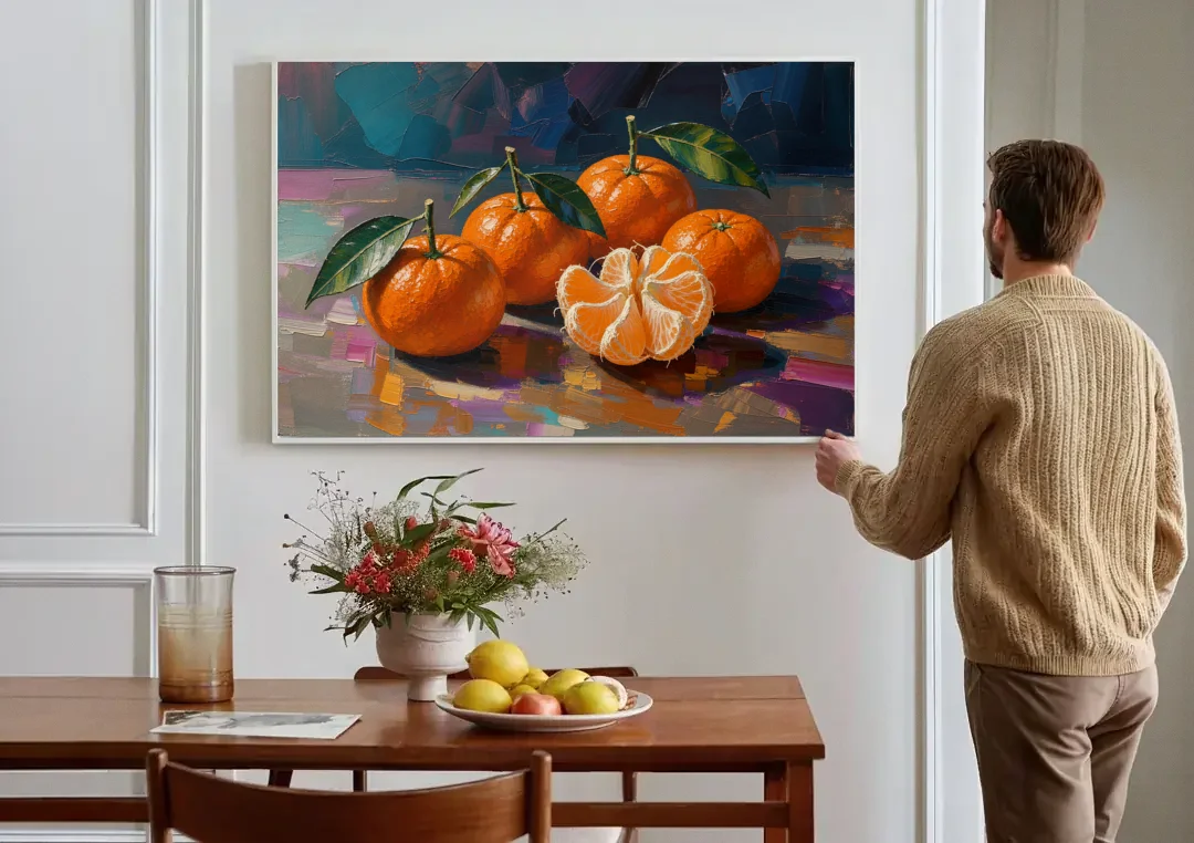 Peeled Clementine Cluster for the Contemporary Kitchen canvas wall art above a dining table