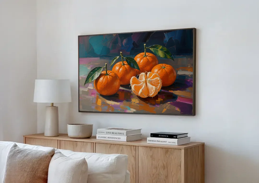 Peeled Clementine Cluster for the Contemporary Kitchen canvas wall art above a wooden sideboard next to a sofa