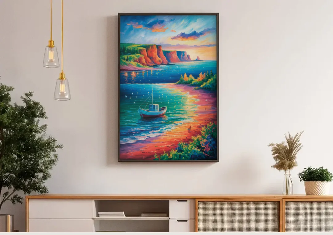 PEI Coastal Charm canvas wall art above a wooden sideboard under pendant lights