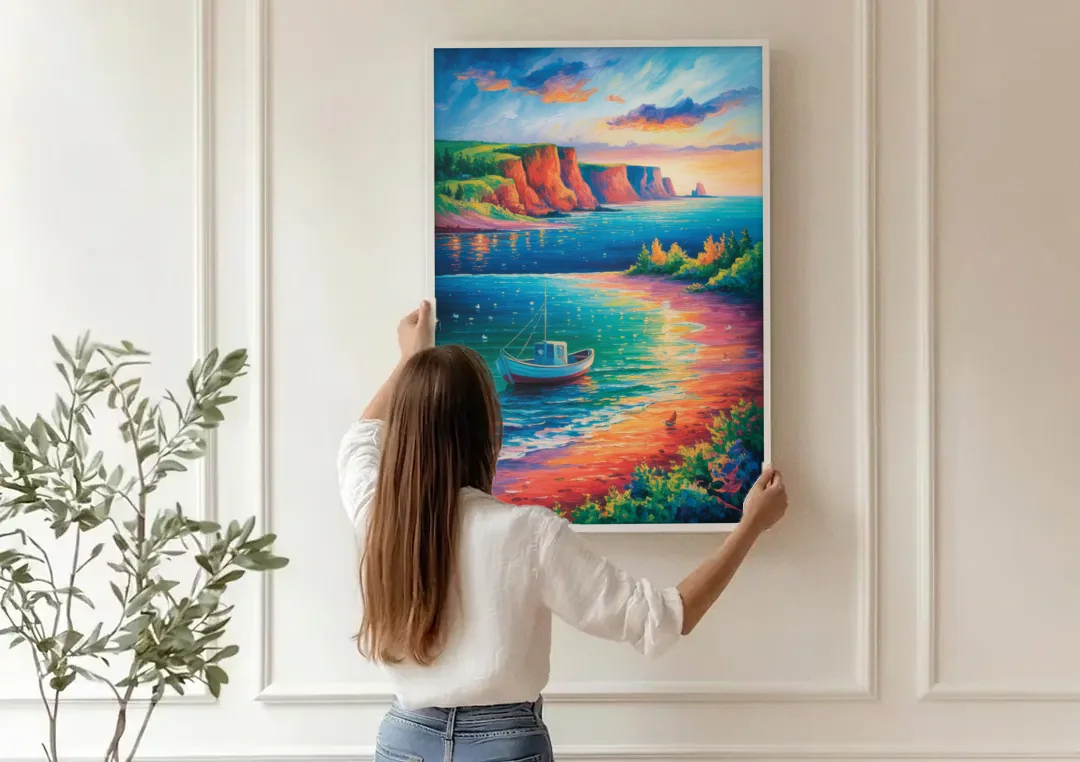 PEI Coastal Charm canvas wall art being hung on a paneled wall