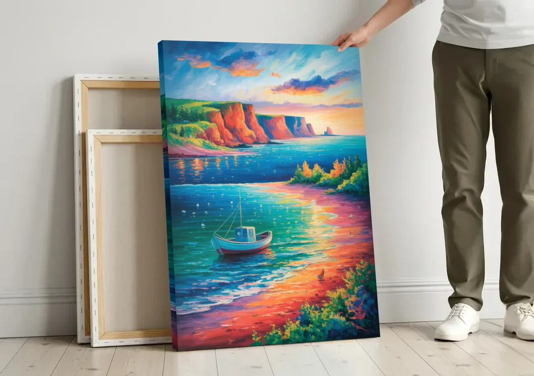 PEI Coastal Charm canvas wall art leaning against a wall next to blank canvases