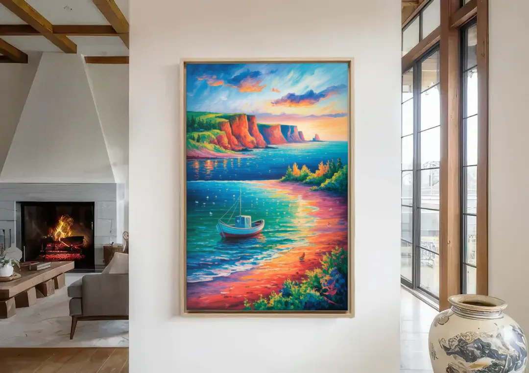 PEI Coastal Charm canvas wall art in a living room with a fireplace