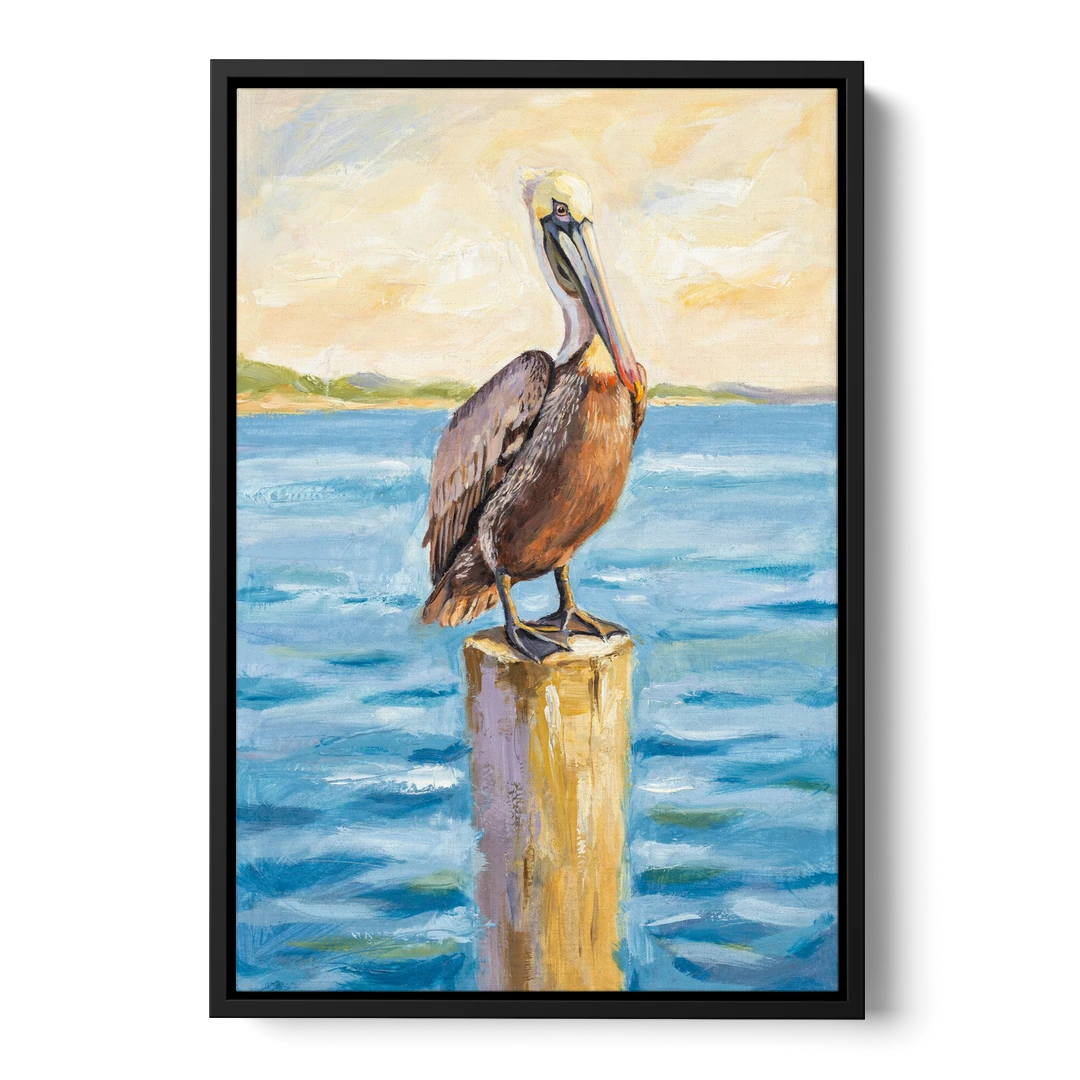 Pelican Painting on the Morning Piling - Black Framed Canvas Wall Art - Front