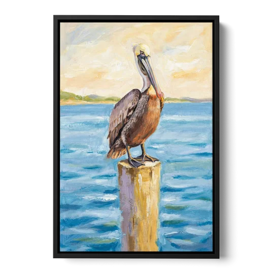 Pelican Painting on the Morning Piling - Black Framed Canvas Wall Art - Front