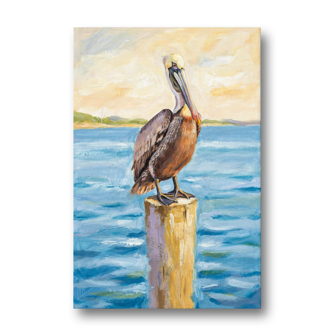Pelican Painting on the Morning Piling - Canvas Wall Art - Front