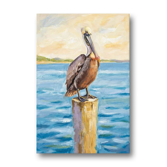 Pelican Painting on the Morning Piling - Canvas Wall Art - Front