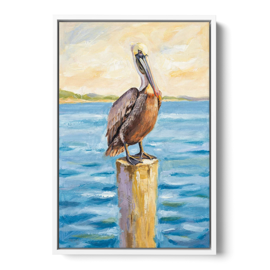 Pelican Painting on the Morning Piling - White Framed Canvas Wall Art - Front