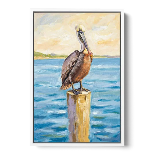 Pelican Painting on the Morning Piling - White Framed Canvas Wall Art - Front
