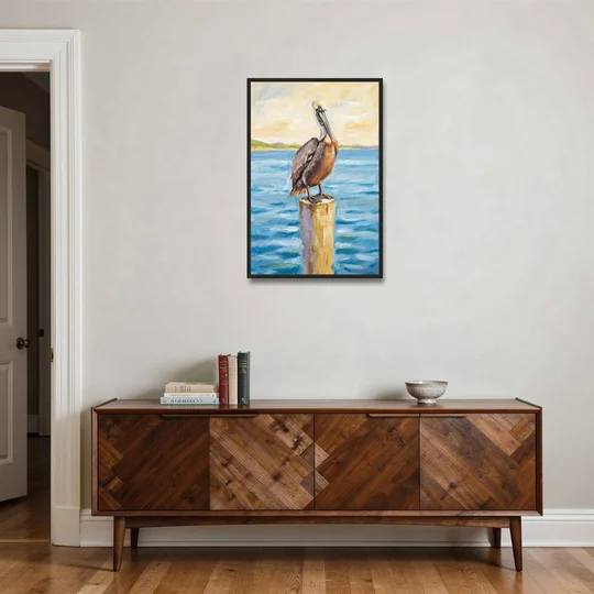 Pelican Painting on the Morning Piling - Black Framed Canvas Wall Art - Coffee Table - 24x36