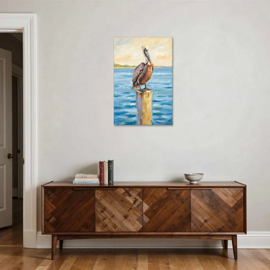Pelican Painting on the Morning Piling - Canvas Wall Art - Coffee Table - 24x36