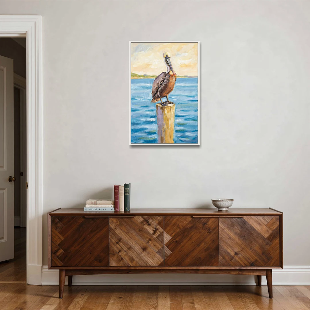Pelican Painting on the Morning Piling - White Framed Canvas Wall Art - Coffee Table - 24x36
