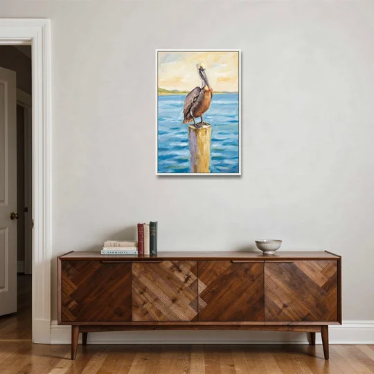 Pelican Painting on the Morning Piling - White Framed Canvas Wall Art - Coffee Table - 24x36