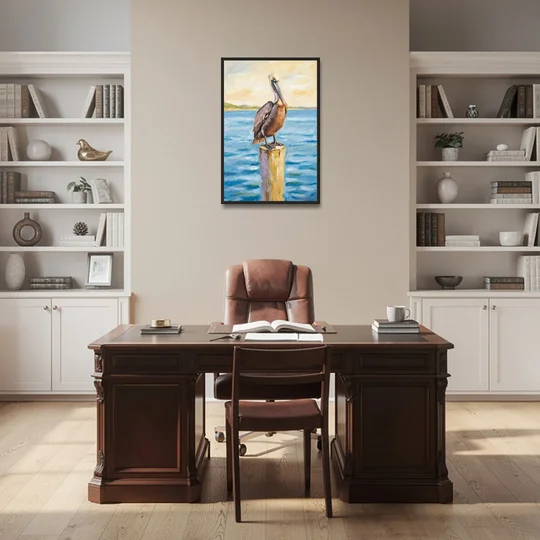 Pelican Painting on the Morning Piling - Black Framed Canvas Wall Art - Office - 24x36