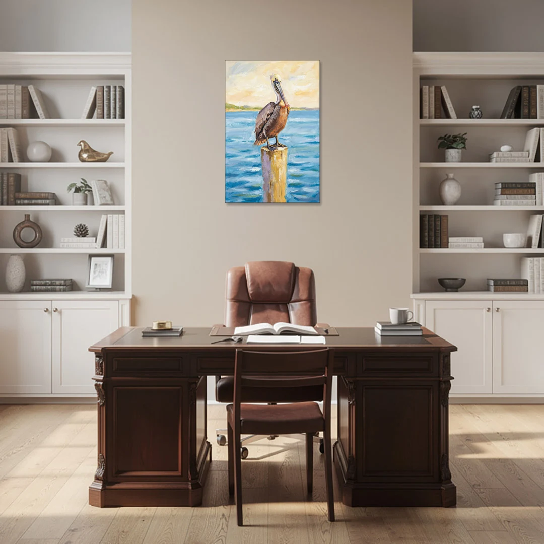 Pelican Painting on the Morning Piling - Canvas Wall Art - Office - 24x36