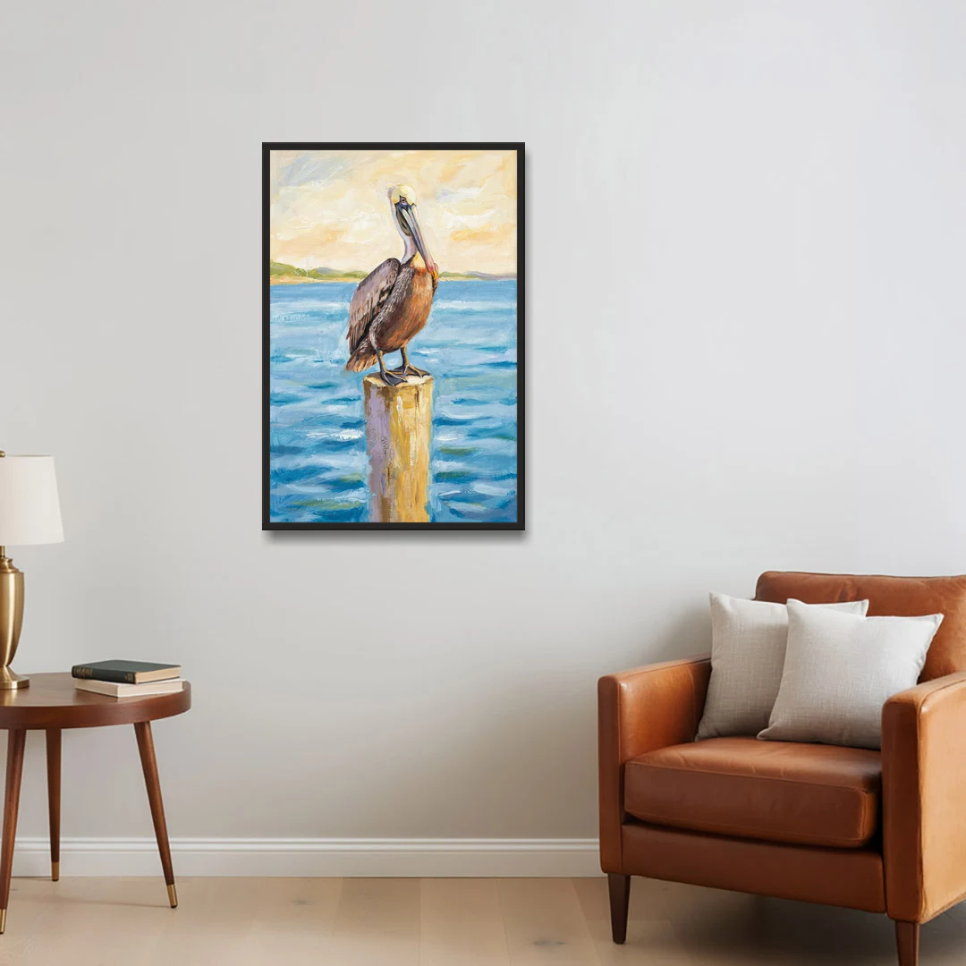 Pelican Painting on the Morning Piling - Black Framed Canvas Wall Art - Sofa - 24x36