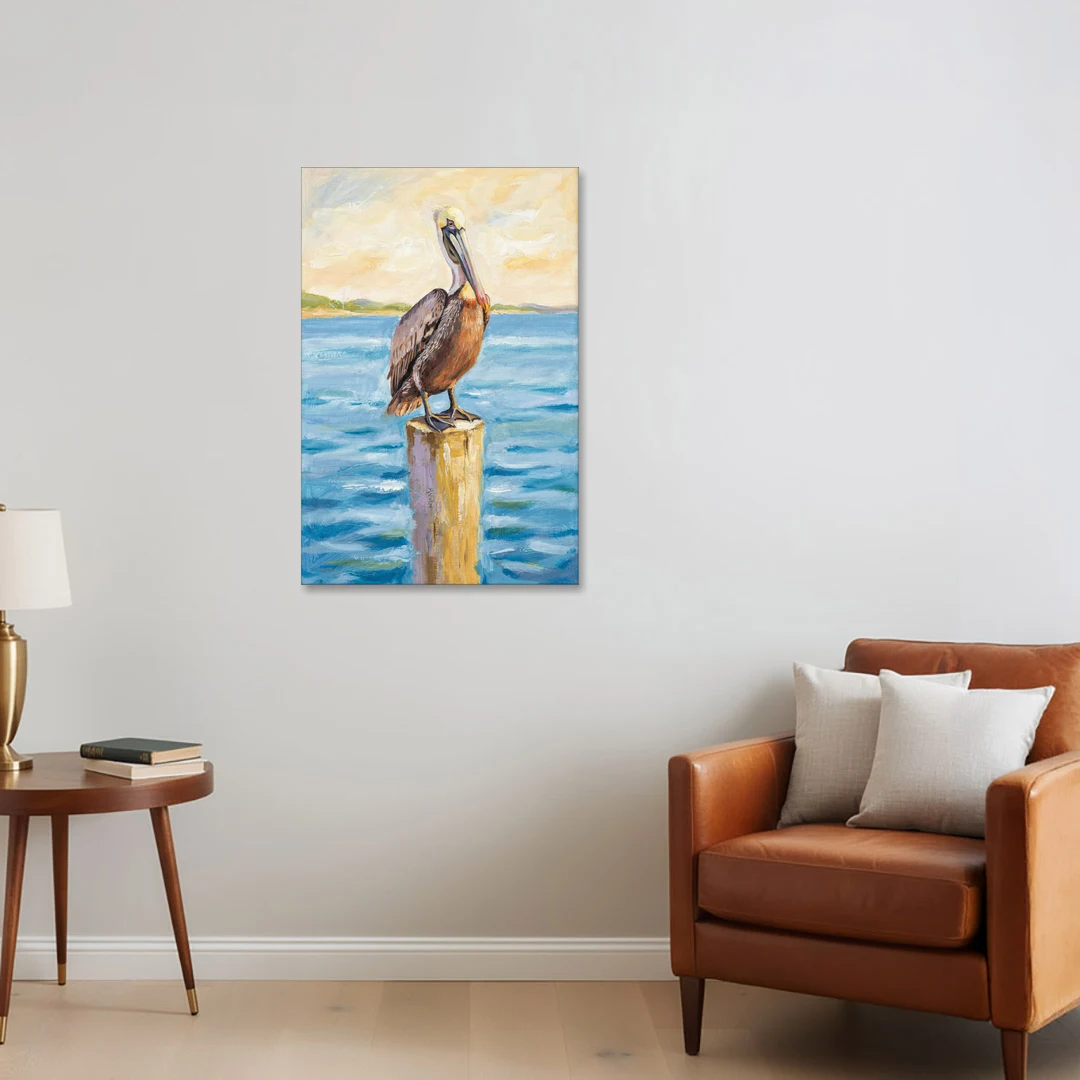 Pelican Painting on the Morning Piling - Canvas Wall Art - Sofa - 24x36