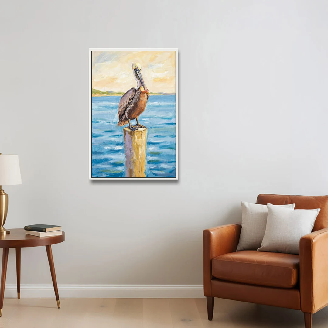 Pelican Painting on the Morning Piling - White Framed Canvas Wall Art - Sofa - 24x36