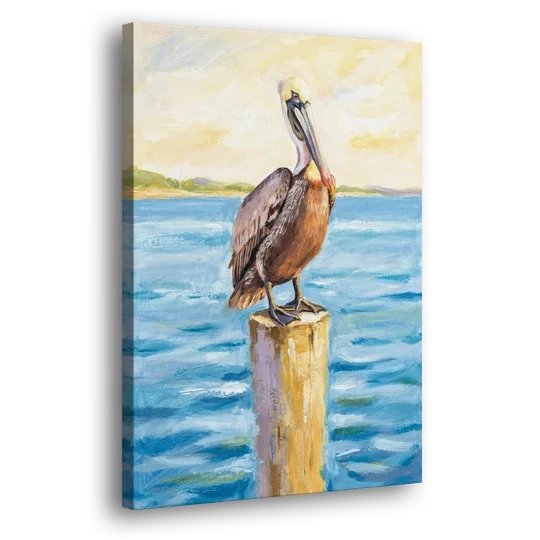 Pelican Painting on the Morning Piling - Canvas Wall Art - Side