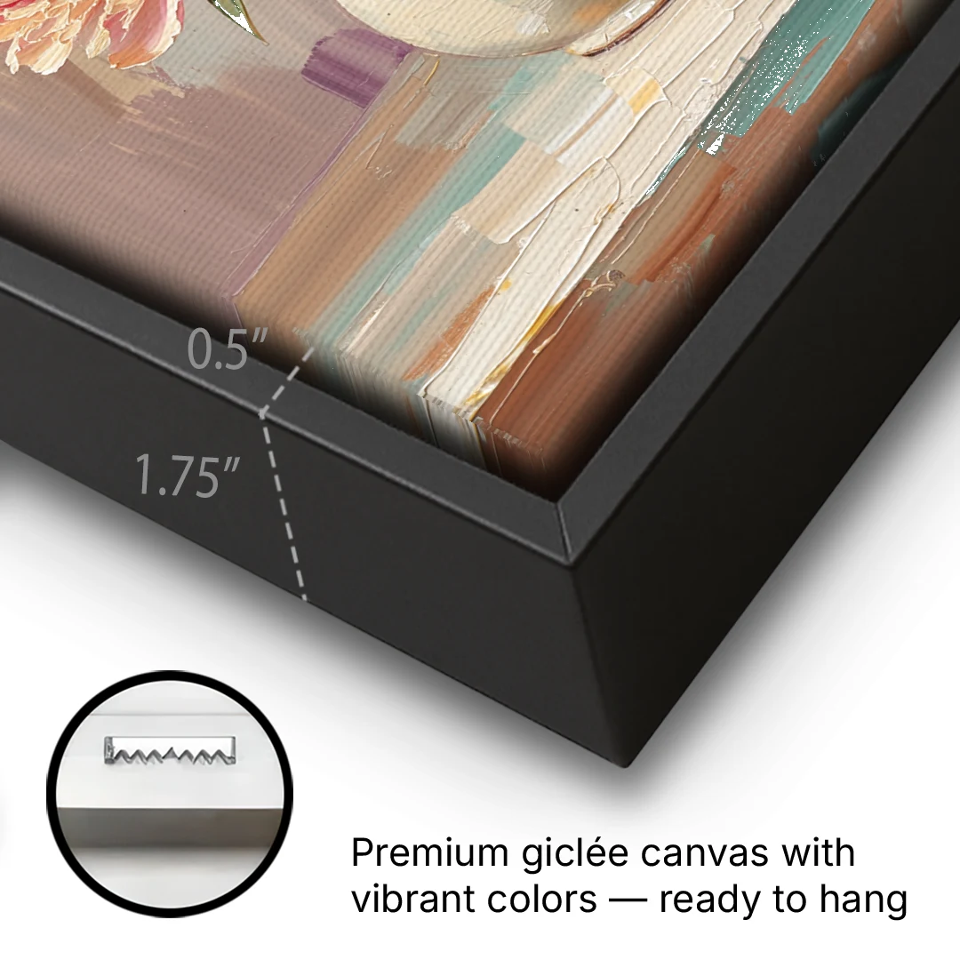 Peonies in Vase Painting in Peach Blush - Black Framed Canvas Wall Art - Gallery Wrap Corner