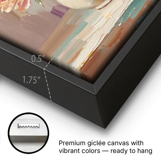 Peonies in Vase Painting in Peach Blush - Black Framed Canvas Wall Art - Gallery Wrap Corner