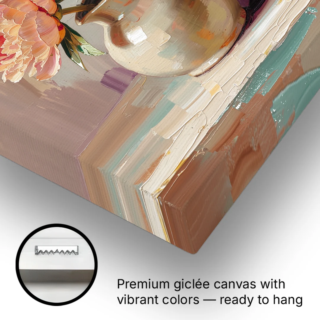 Peonies in Vase Painting in Peach Blush - Canvas Wall Art - Gallery Wrap Corner