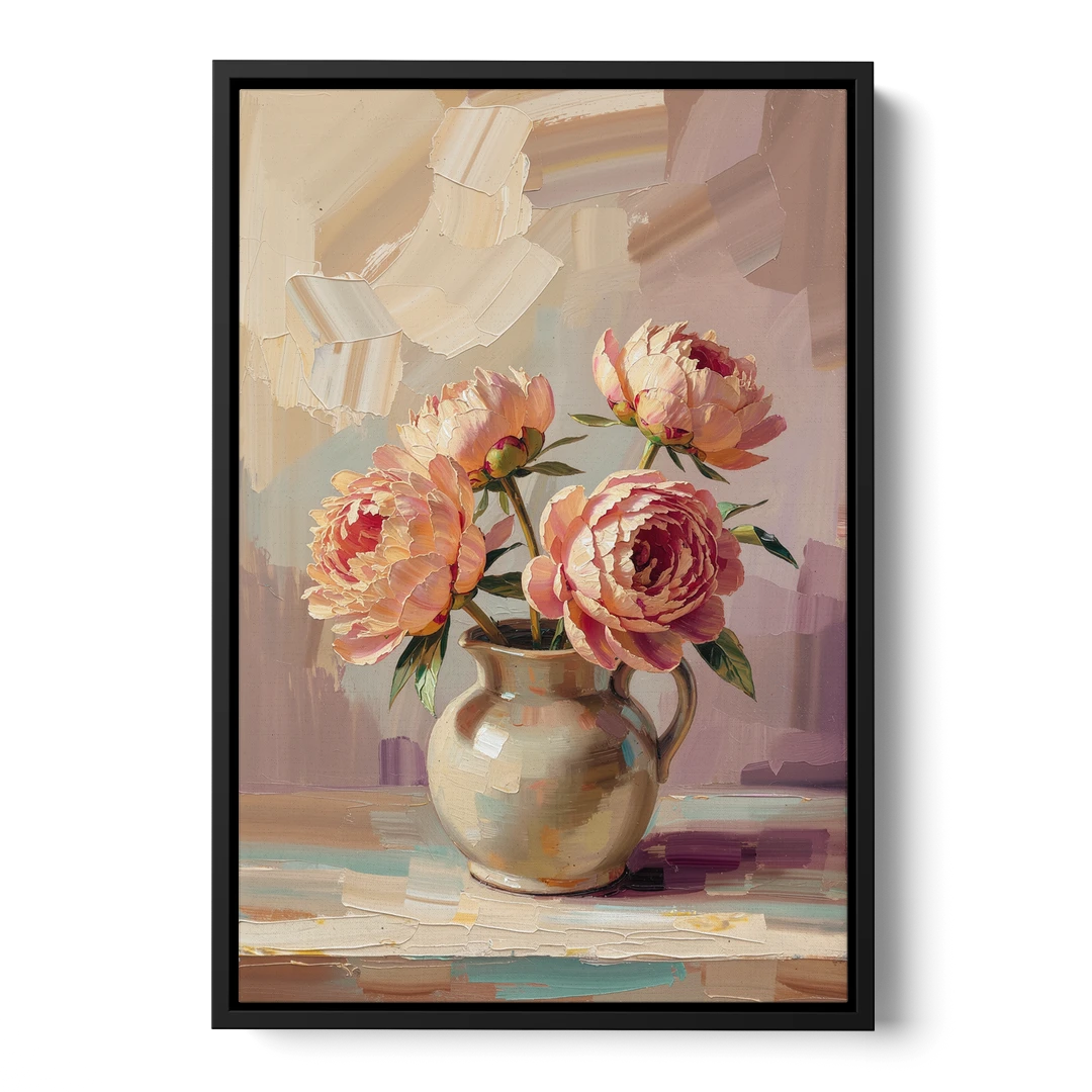 Peonies in Vase Painting in Peach Blush - Black Framed Canvas Wall Art - Front
