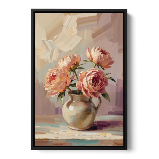 Peonies in Vase Painting in Peach Blush - Black Framed Canvas Wall Art - Front