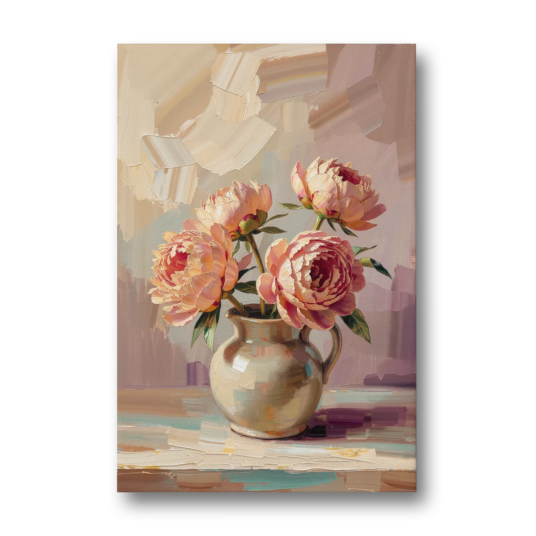 Peonies in Vase Painting in Peach Blush - Canvas Wall Art - Front