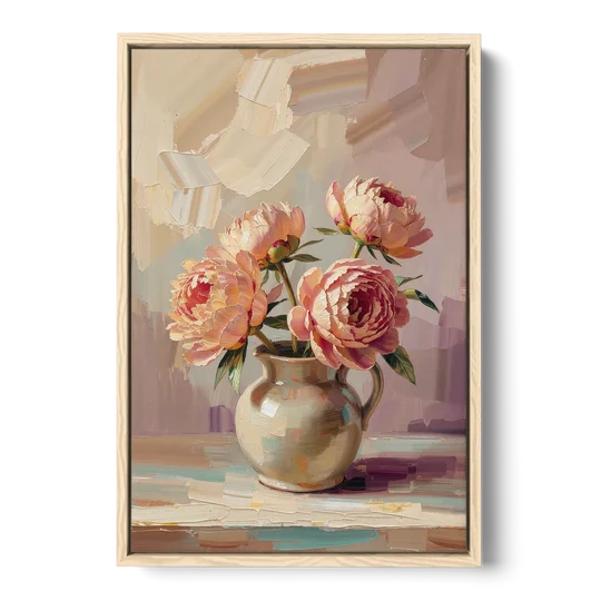 Peonies in Vase Painting in Peach Blush - Oak Framed Canvas Wall Art - Front